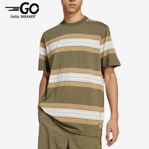 Adidas/阿迪达斯正品三叶草男橄榄白色经典条纹圆领短袖JD5414