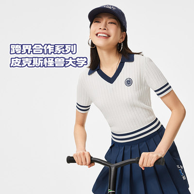 李宁正品X怪兽大学联名系列女子修身短袖运动编织衫AMBU216