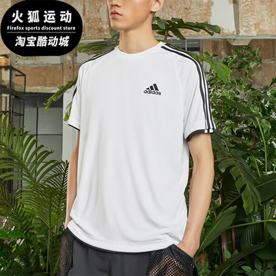 Adidas/阿迪达斯正品夏季男士透气条纹经典圆领运动休闲T恤KU3920
