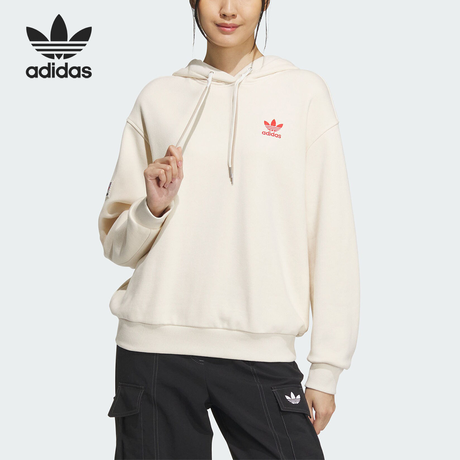 Adidas/阿迪达斯正品三叶草女子防风宽松连帽运动卫衣IW9414