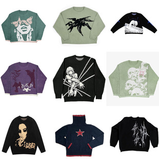 Knitted 秋冬朋克欧美风圆领男女毛衣复古街头Y2K上衣潮 sweater