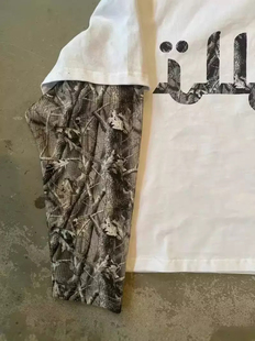 美式街头迷彩拼接长袖T恤字母印花Y2K上衣街头嘻哈宽松圆领打底衫