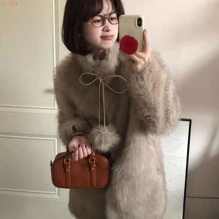 温柔风仿狐狸毛皮草大衣女冬季加厚毛毛外套奶茶色系带