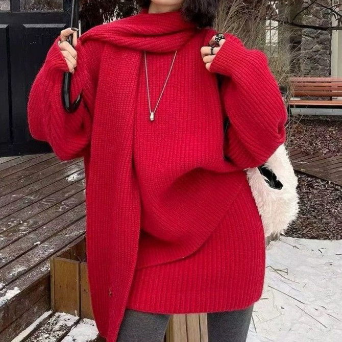 慵懒风加厚软糯红色针织时尚套装秋冬宽松圆领毛衣短裙围脖三件套