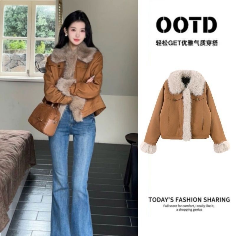 冬复棕色看百式穿秋古牛仔毛领外套女巨好搭潮流美搭上衣