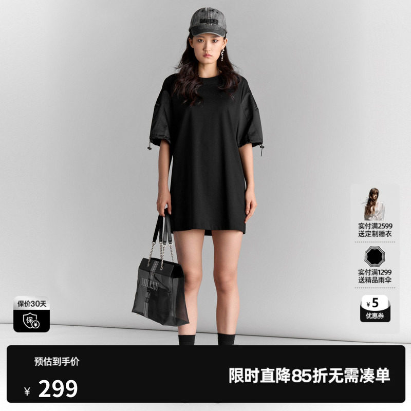 U/TI 黑色100%棉T恤裙女直筒百搭轻盈短袖连衣裙尤缇2025夏季新款
