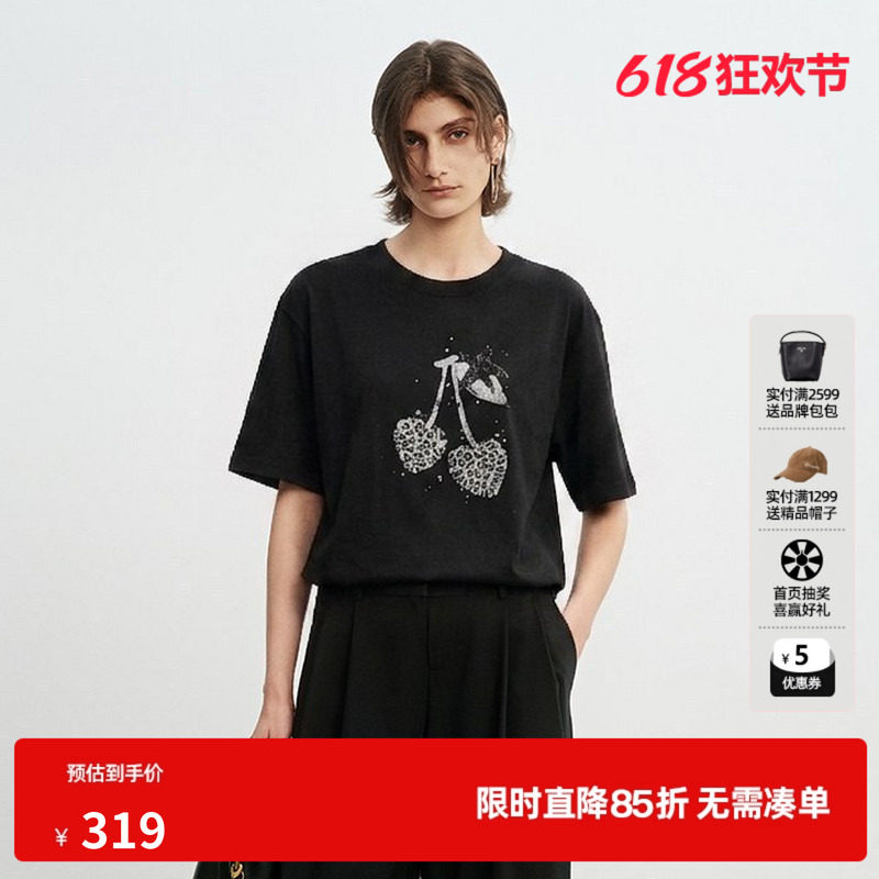 U/TI黑色纯棉豹纹樱桃短袖T恤女宽松落肩休闲T恤尤缇2026秋季新款
