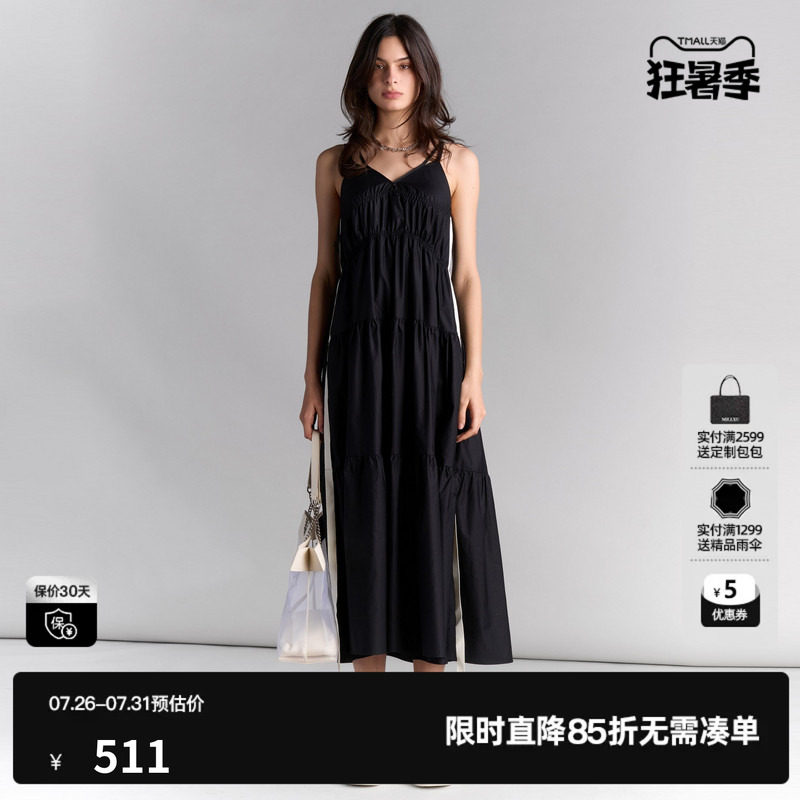 U/TI黑色100%棉吊带裙女装度假休闲背心裙连衣裙尤缇2025夏季新款