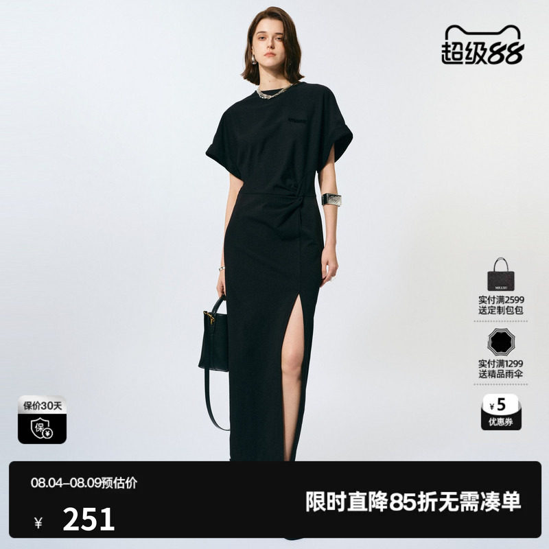 U/TI黑色开衩棉感连衣裙女 设计感褶皱T恤裙长裙尤缇2025春季新款
