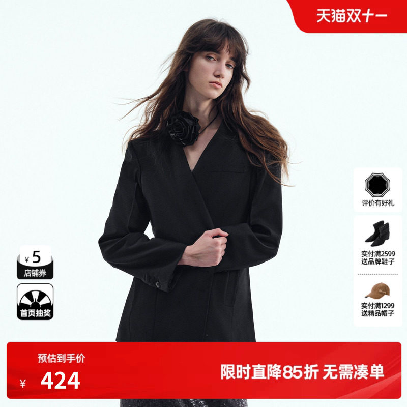 U/TI无领黑色西装外套女装设计感通勤风休闲上衣尤缇2025秋季新款