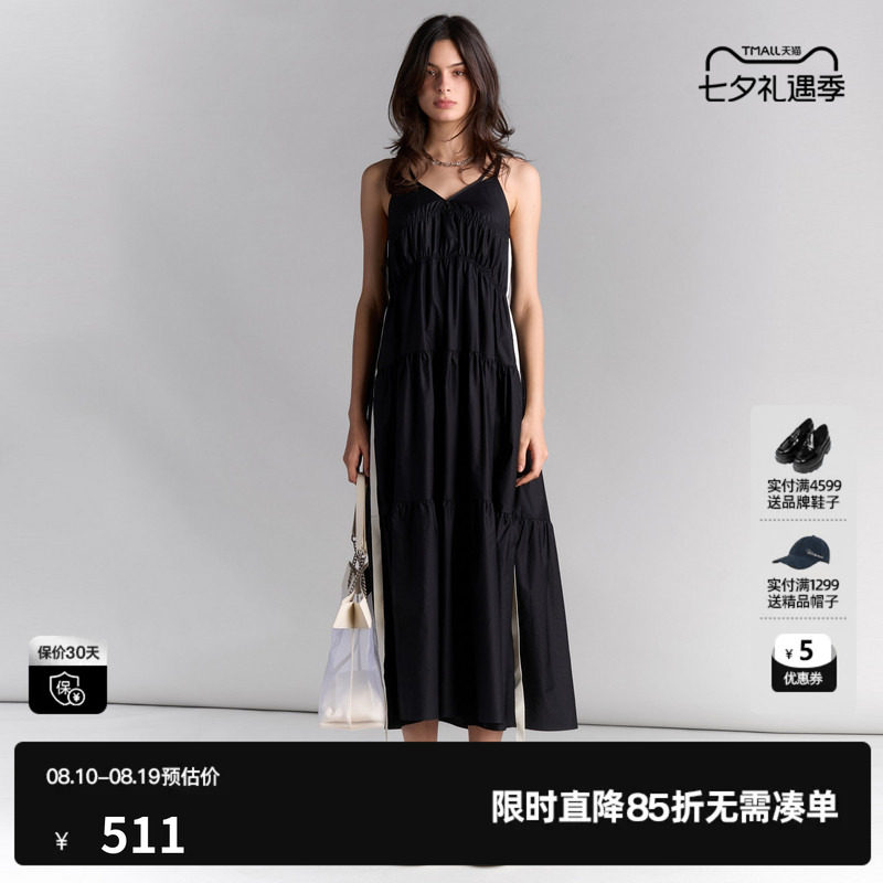 U/TI度假风黑色吊带裙女装棉感轻盈背心裙连衣裙尤缇2025夏季新款