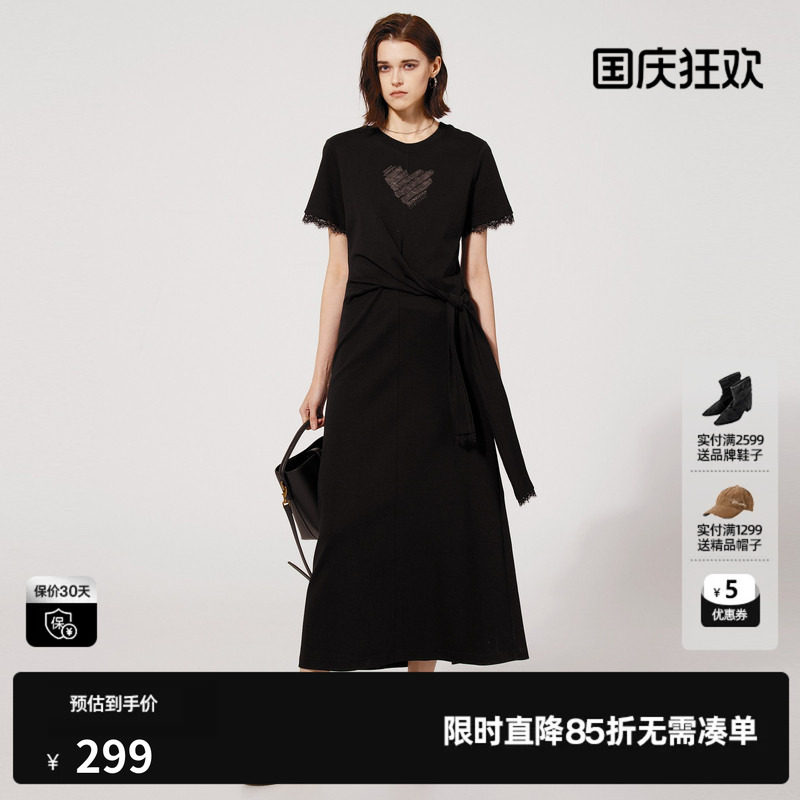 U/TI 黑色100%棉蕾丝连衣裙女绑带捏褶开叉T恤裙尤缇2025夏季新款