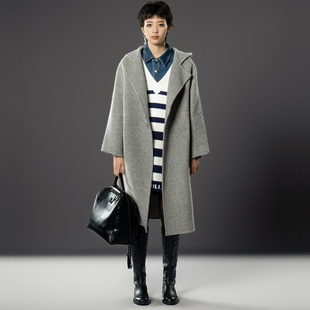 新款 TI灰色双面呢连帽大衣女高级感通勤绵羊毛外套尤缇2024冬季