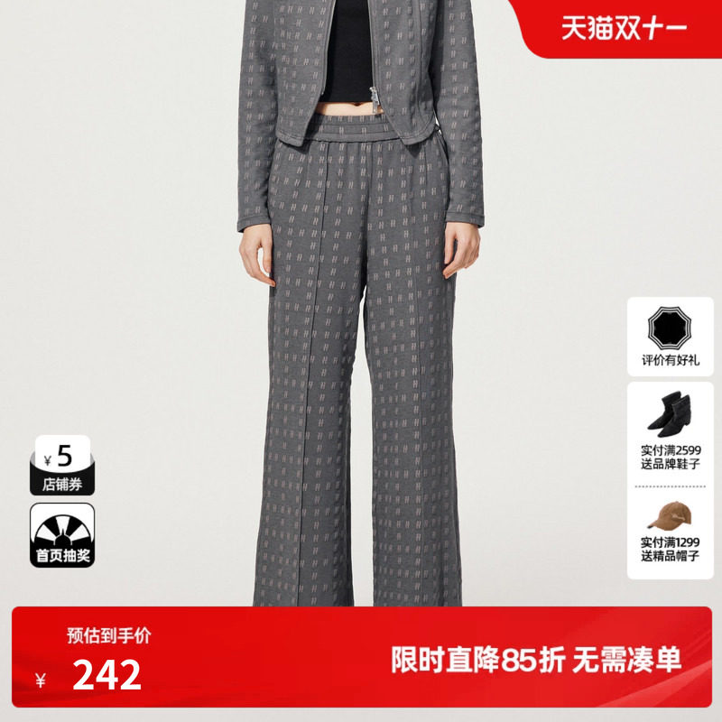 U/TI复古老花满版棉感阔腿裤女简约通勤风休闲裤尤缇2025秋季新款