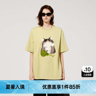 新款 上衣尤缇2025夏季 TI棉质猫咪印花T恤女装 百搭落肩廓形短袖