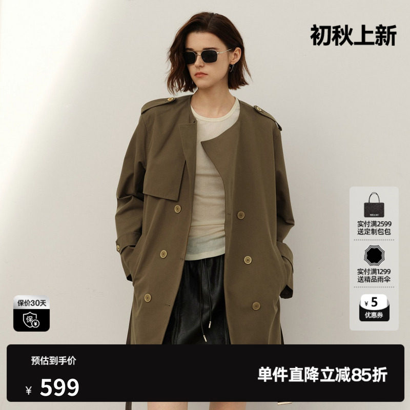 U/TI军绿色英伦风风衣女装棉感简约印花短款外套尤缇2025春季新款