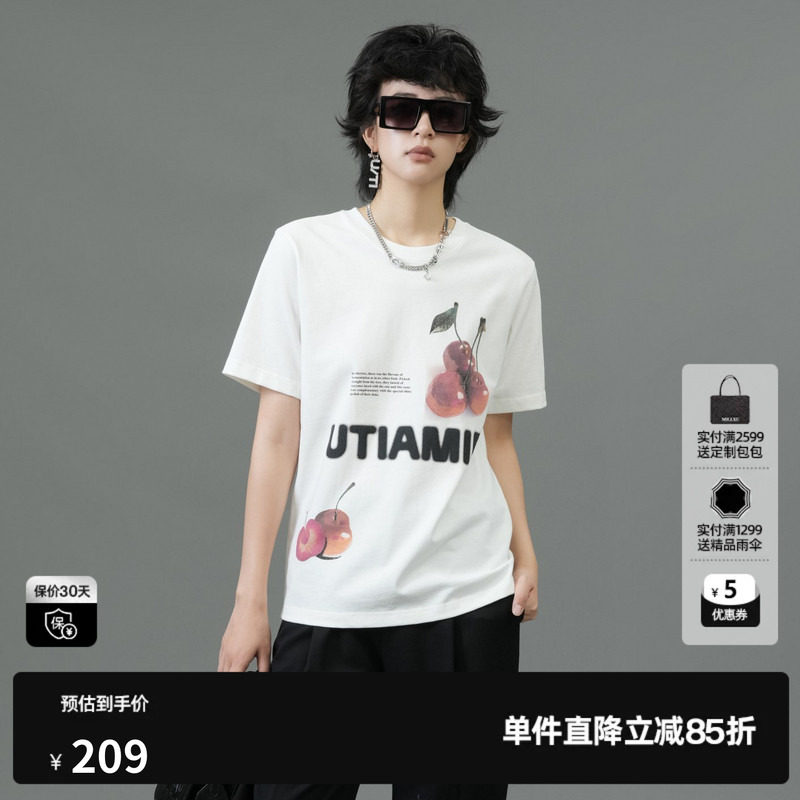 U/TI 白色樱桃印花100%棉T恤女百搭圆领休闲上衣尤缇2025春季新款