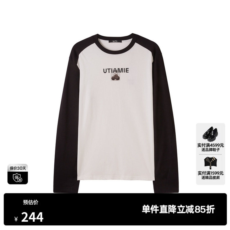 U/TI黑色撞色插肩袖T恤女 百搭纯棉长袖休闲上衣尤缇2025春季新款