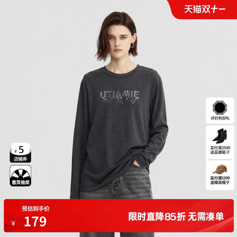 U/TI 灰色圆领字母烫钻长袖T恤女宽松休闲打底衫尤缇2026冬季新款