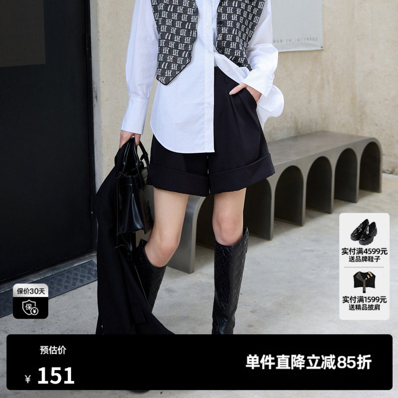 U/TI黑色翻边阔腿短裤女时尚百搭遮肉显瘦休闲裤尤缇2023夏季新款