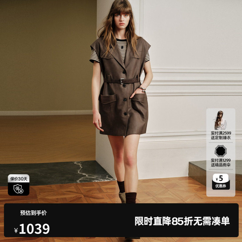 U/TI咖色翻领无袖连衣裙女腰带直筒简约风衣外套尤缇2026秋季新款