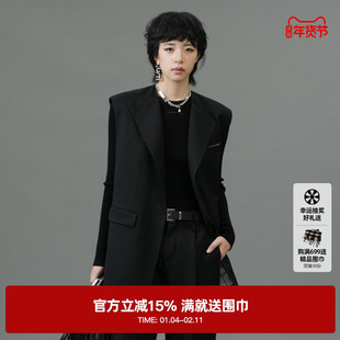 U/TI黑色率性西装马夹女百搭绵羊毛垫肩无袖外套尤缇2025春季新款