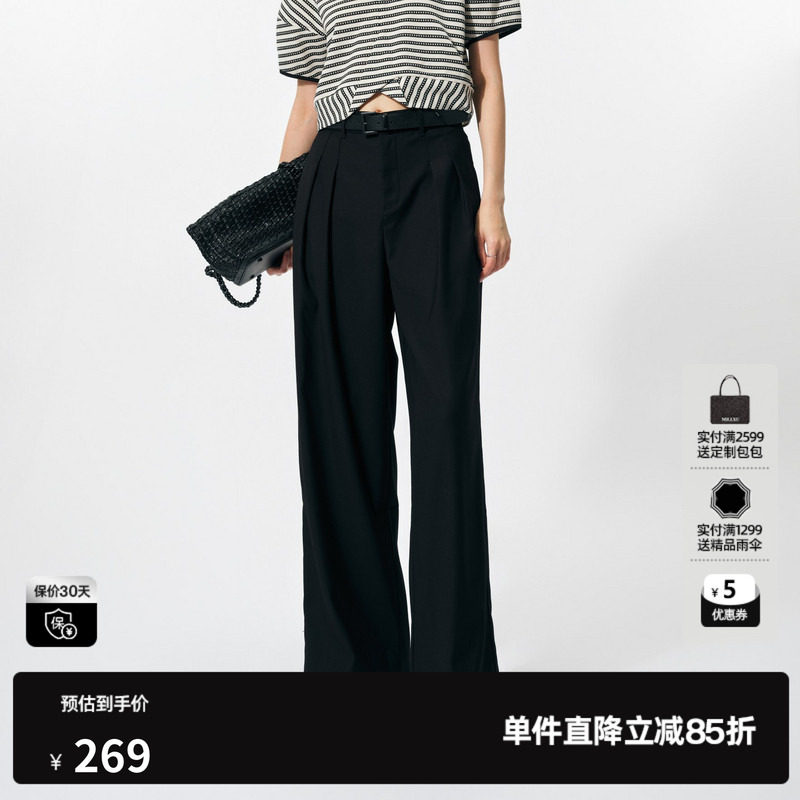 U/TI黑色双褶廓感西装裤女百搭配腰带通勤阔腿裤尤缇2025春季新款