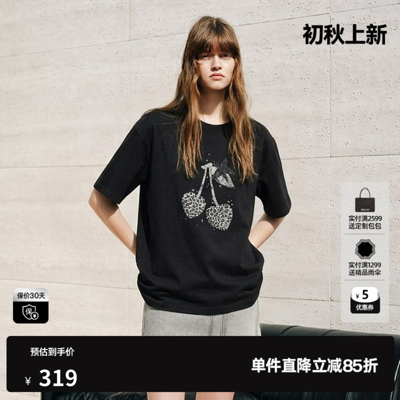 U/TI黑色纯棉豹纹樱桃短袖T恤女宽松落肩休闲T恤尤缇2026秋季新款