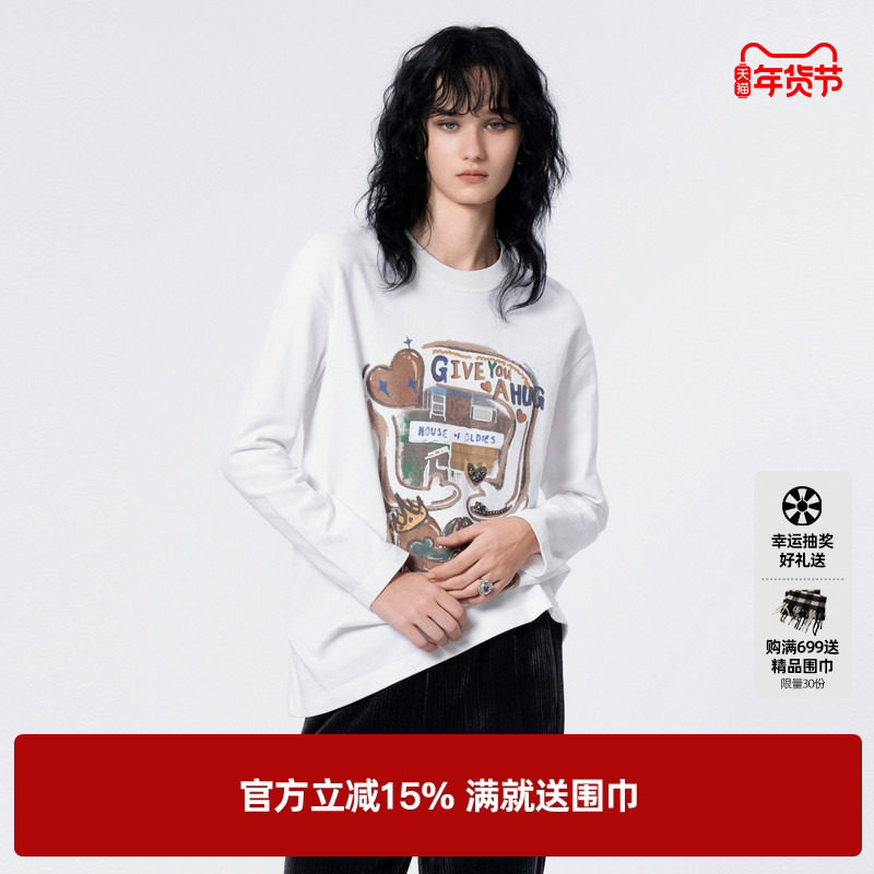 U/TI白色艺术涂鸦长袖T恤女装 百搭简约趣味休闲尤缇2024冬季新款