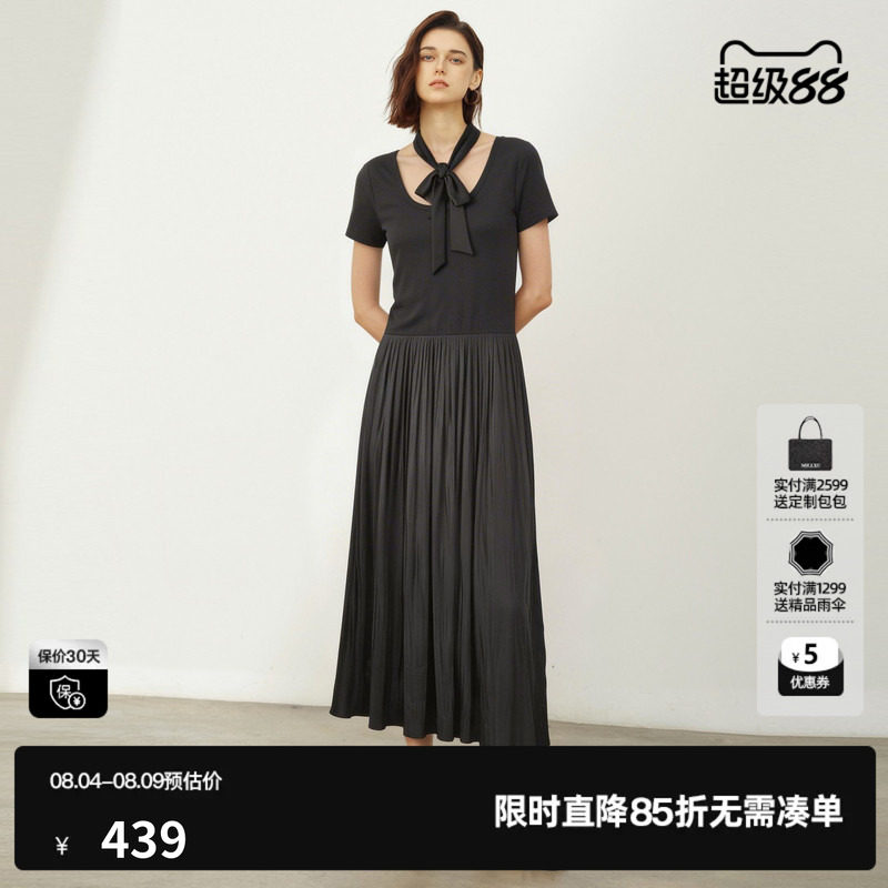 U/TI灰色拼接短袖连衣裙女绑带U领修身A字中长裙尤缇2026夏季新款