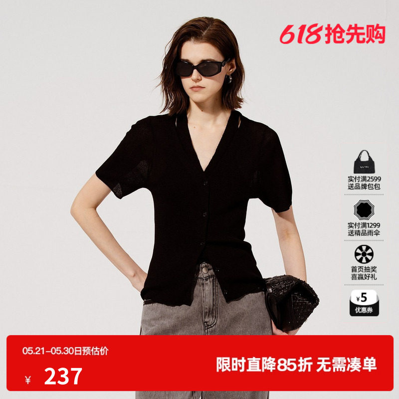 U/TI黑色假两件拼接开衫女装 V领百搭针织衫短袖尤缇2025夏季新款