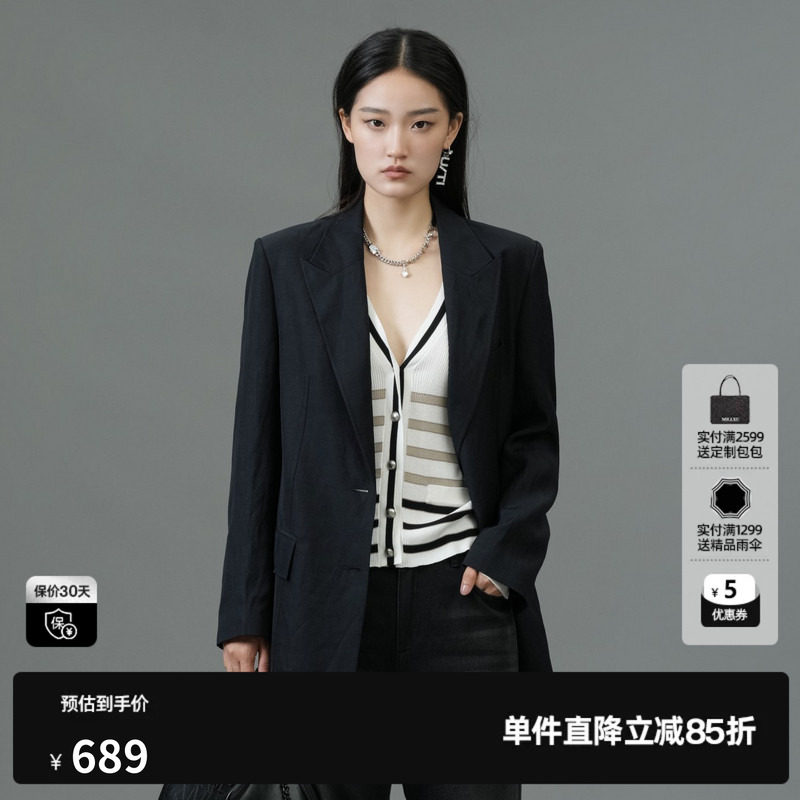 U/TI黑色薄款学院风西装女百搭简约通勤飘带外套尤缇2025春季新款