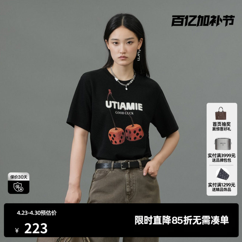U/TI黑色骰子樱桃棉感T恤女装 百搭简约休闲短袖尤缇2025春季新款
