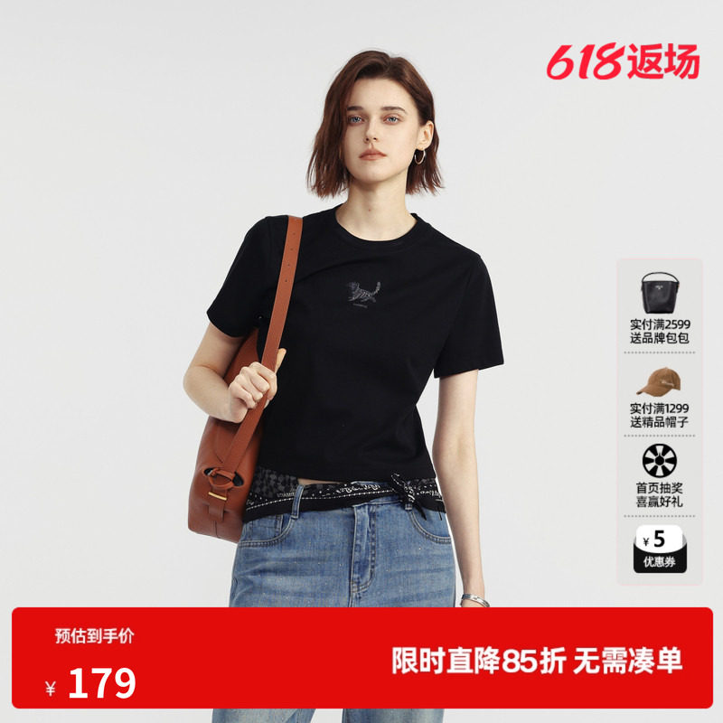 U/TI黑色莱赛尔印花短袖T恤女薄款修身直筒短款 尤缇2026夏季新款