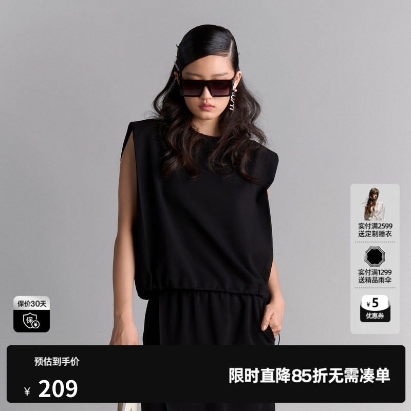 U/TI宽肩无袖T恤背心女装 百搭垫肩抽绳短袖上衣尤缇2025夏季新款