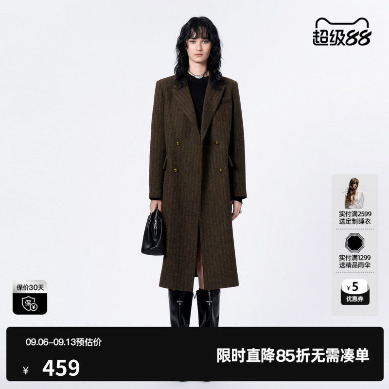 U/TI条纹复古人字纹绵大衣女静奢英伦风外套尤缇时尚冬季羊毛混纺