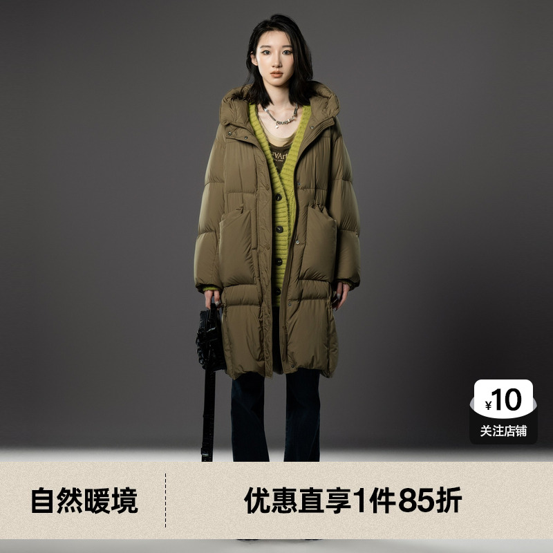 U/TI军绿色云朵蓬松感羽绒服女立体连帽鸭绒外套尤缇2024冬季新款