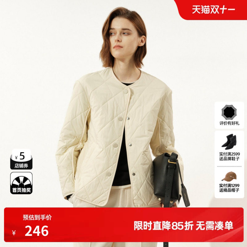 U/TI米白色菱格V领棉服女 百搭简约廓形圆领外套尤缇2024冬季新款