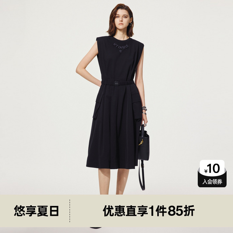 U/TI工装感无袖连衣裙女 设计感垫肩背心裙A字裙尤缇2025夏季新款