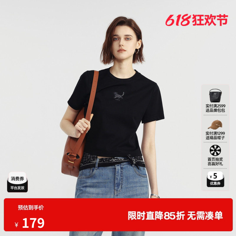 U/TI黑色莱赛尔印花短袖T恤女薄款修身直筒短款 尤缇2026夏季新款