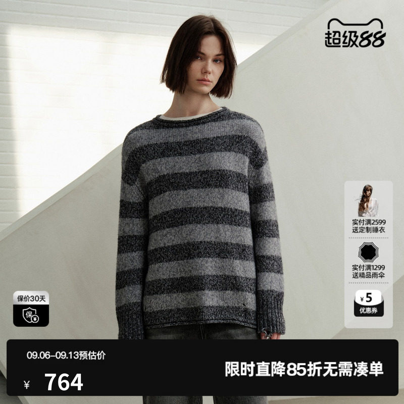 U/TI灰色条纹羊毛混纺圆领针织衫女休闲慵懒毛衣尤缇2026冬季新款