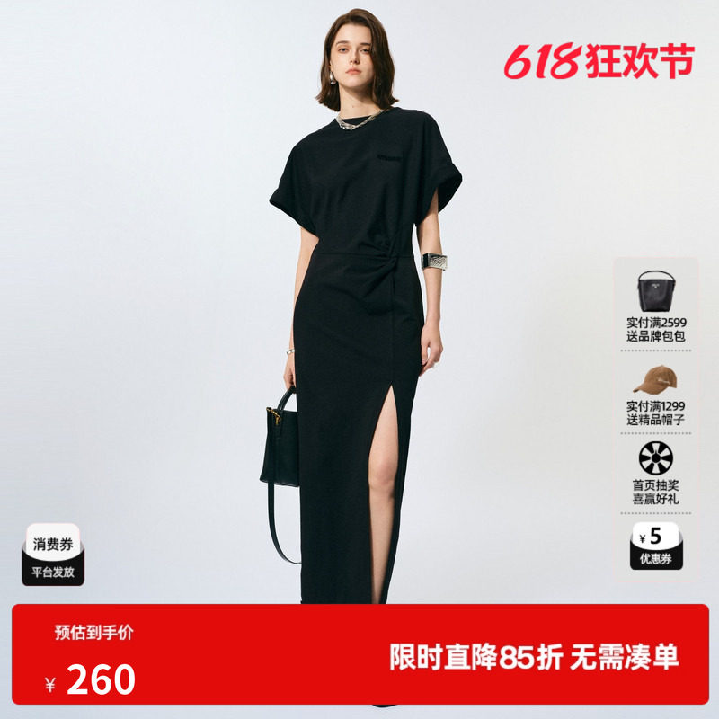 U/TI黑色开衩棉感连衣裙女 设计感褶皱T恤裙长裙尤缇2025春季新款