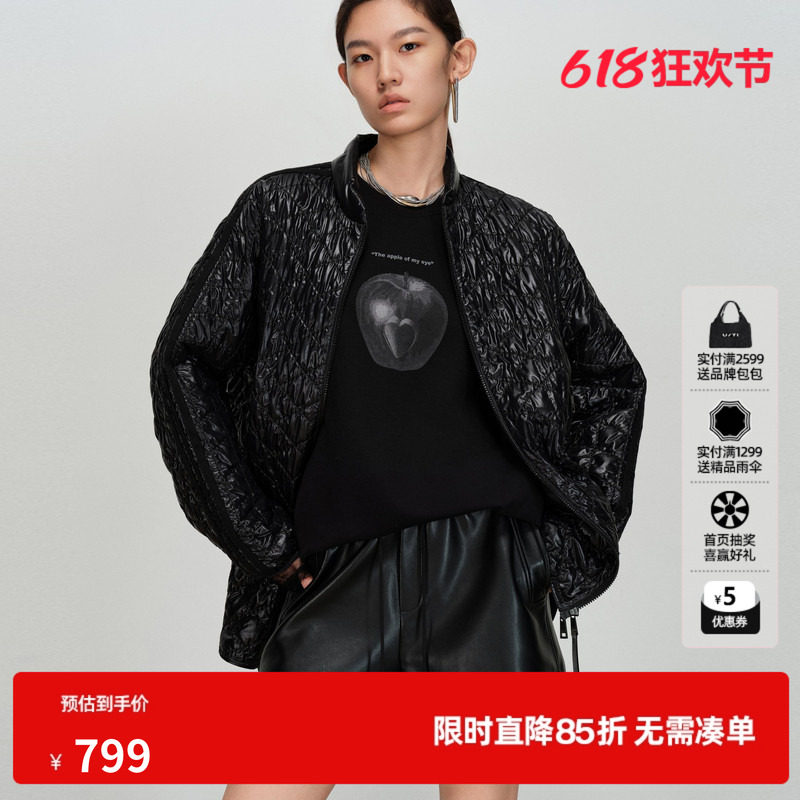 U/TI亮面菱格黑色棉服女宽松落肩光泽肌理感外套尤缇2026春季新款