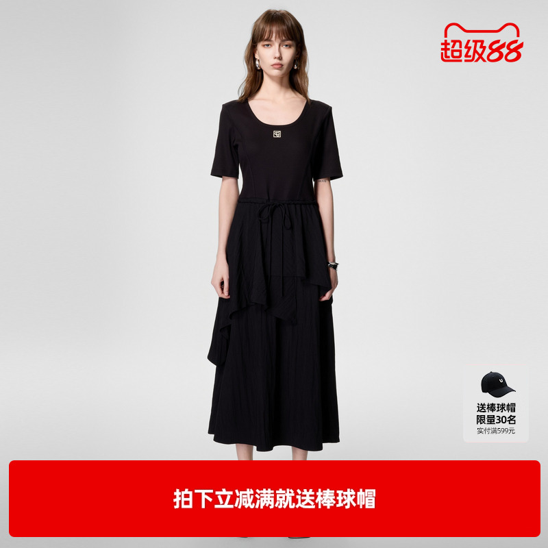 U/TI黑色大U领显瘦藏肉连衣裙女 百搭气质休闲裙尤缇2024夏季新款