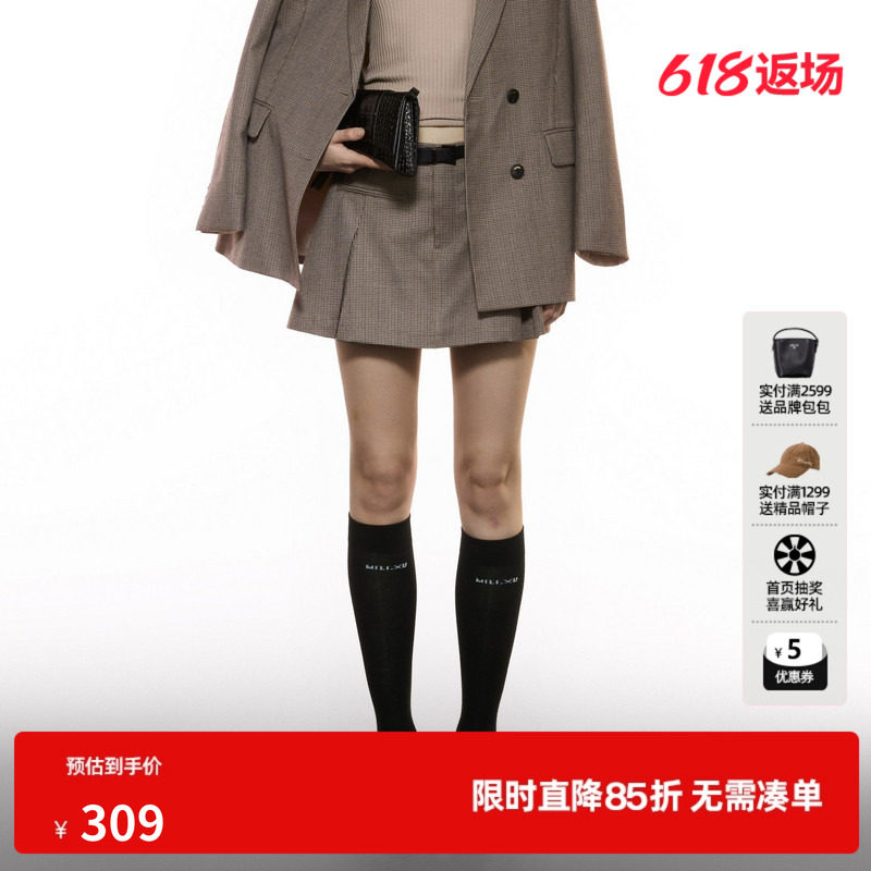 U/TI格纹学院感西装裙裤女 复古配腰带小A字短裙尤缇2025秋季新款