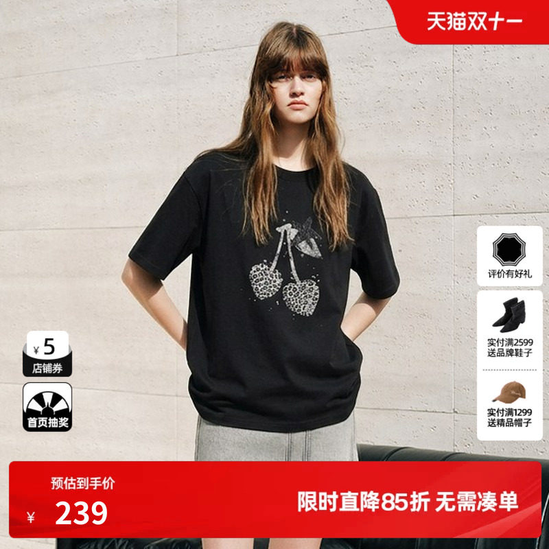 U/TI 黑色100%棉豹纹樱桃短袖T恤女宽松落肩休闲尤缇2026秋季新款
