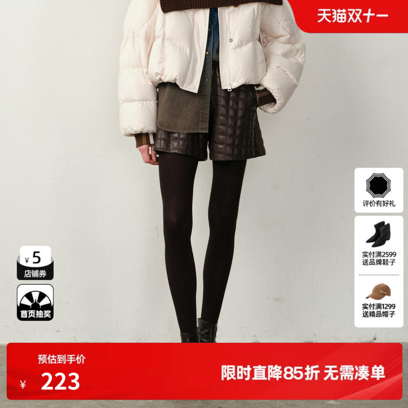 U/TI织带格纹皮短裤女装简约通勤高腰宽松休闲裤尤缇2025冬季新款
