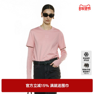 U/TI圆领粉色假两件T恤女 拼接简约棉感休闲上衣尤缇2025秋季新款