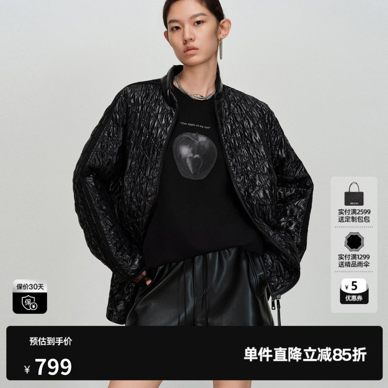 U/TI亮面菱格黑色棉服女宽松落肩光泽肌理感外套尤缇2026春季新款