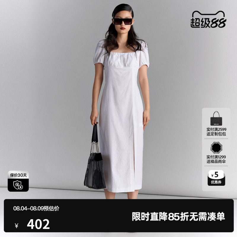 U/TI方领泡泡袖度假裙女百搭开衩气质连衣裙长裙尤缇2025夏季新款